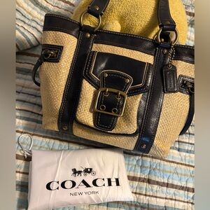 Coach Natural Straw Tote with Black Leather Trim